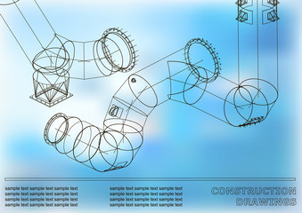 Drawings of steel structures. Pipes and pipe. 3d blueprint of steel structures. Cover, blue background for your design
