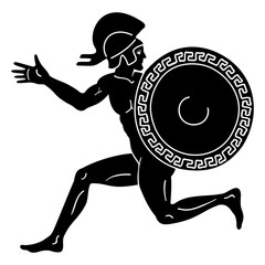 Greek style drawing. Naked running men with shield and helmet. Isolated blask drawing on a white background. © migfoto
