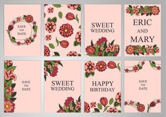 Wedding Set postcards, backgrounds, invitations in the same style. Floral ornament. Cover, Magazine, floral elements. Holidays, weddings, birthdays. Design background, frame