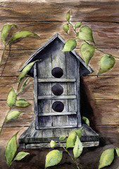 Watercolor spring print with birdhouse and greenery. Hand painte