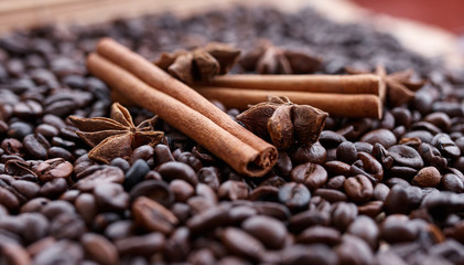 Flavored coffee beans, anise Spices for Christmas cakes cinnamon sticks star anise and cloves...
