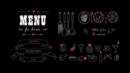 Menu board, hearts. Love symbol icons. Hand drawn vintage Vector Food sketch doodle set.  Template Valentine's day, wedding, anniversary. Design for bar, restaurant, print, banner, web. Chalkboard