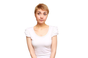 portrait skeptical, upset young woman looking suspicious, disgust on face, mixed disapproval, isolated white background. Negative human emotion, facial expression, feeling, attitude