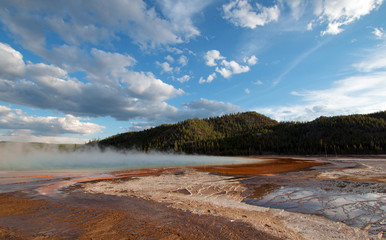 Grand Prismatic Spring under sunset cloudscape in the Midway Geyser Basin in Yellowstone National Park in Wyoming USA