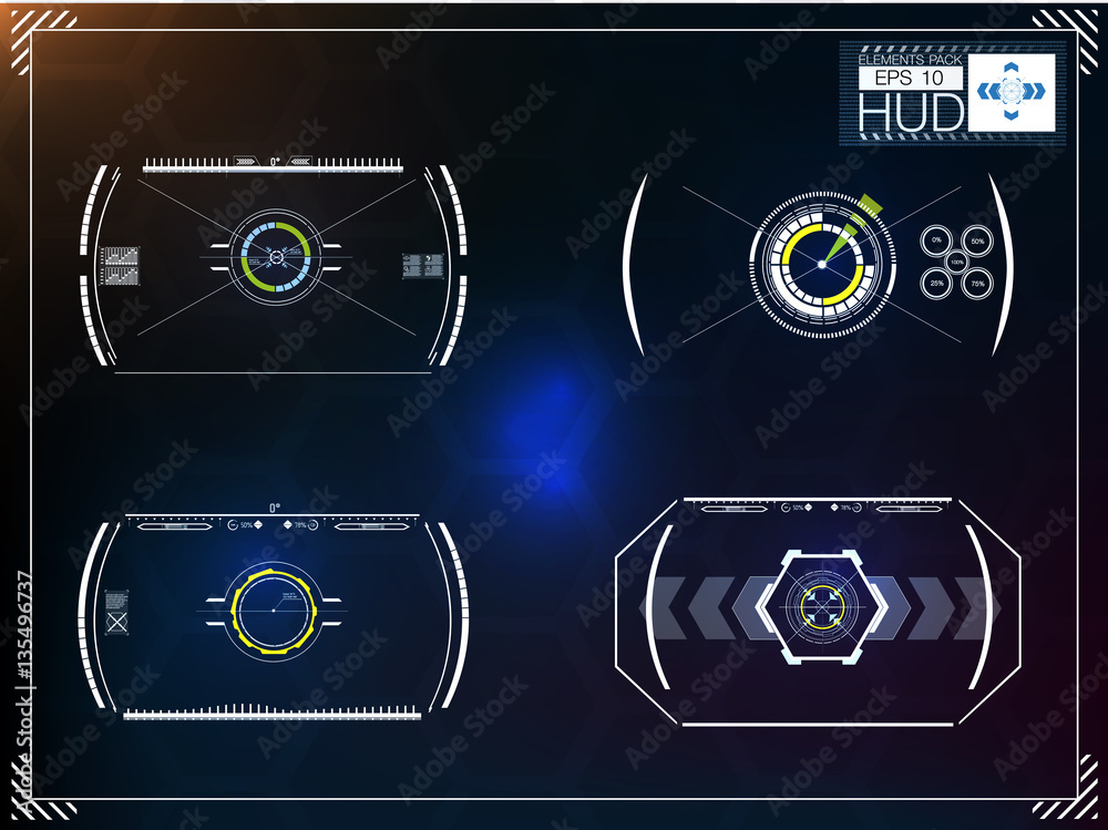 Poster set of futuristic blue infographics as head-up display. display navigation elements for the web and 