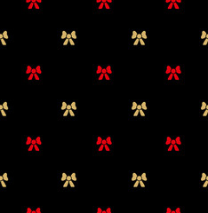 Seamless pattern red and gold bows on black.