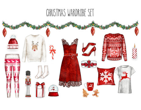 Watercolor digital illustration - watercolor fashion clip art set -Christmas Wardrbe Woman Apparel - Flat fashion sketch

