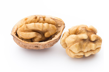 Walnut and walnut kernel isolated on the white background.