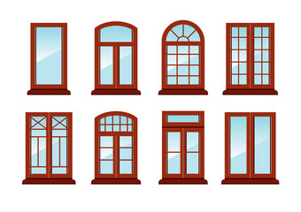 Vector set of different types of brown windows. Icon collection. Flat style illustration