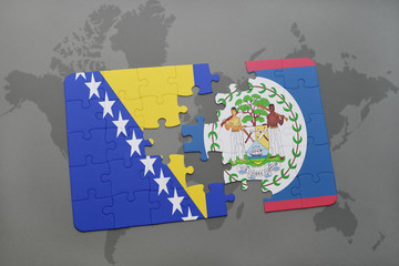 puzzle with the national flag of bosnia and herzegovina and belize on a world map