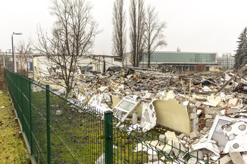 Building debris after the destruction of the old house. Construction site in the city of Warsaw,...