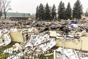 Building debris after the destruction of the old house. Construction site in the city of Warsaw,...