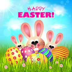 Easter. Happy Easter Background with Colorful Eggs and Bunnies.