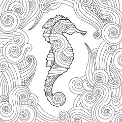 Hand drawn sketch of seahorse surrounded by waves in doodle style.