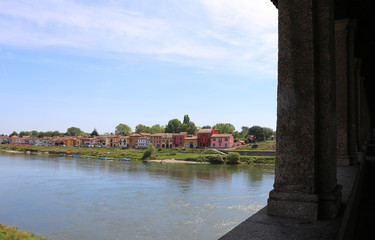 Fototapeta premium houses and the ticino river from the ancient bridge