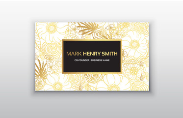 Vector gold business card templates set with flowers.