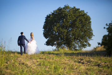 Young wedding couple enjoying romantic moments outside on a summer meadow. Happy groom and bride walking on summer sunset meadow