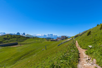 Fototapeta na wymiar Panorama view of Bernese Alps from Rochers-de-Naye