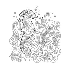 Hand drawn sketch of seahorse under the sea in zentangle inspired style. - 135500776
