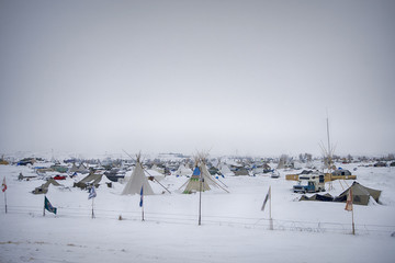 Cloudy, snowy day at Oceti Sakowin Camp, Cannon Ball, North Dakota, USA, January 2017