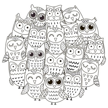 Circle shape pattern with cute owls for coloring book