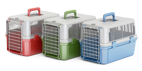 set of pet travel plastic cages, 3D rendering