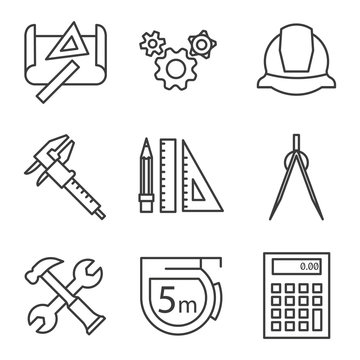 Engineering linear icons set. Drawing, gears, helmet, caliper, divider, hammer and wrench, measuring tape, calculator, pencil with rulers. Logo concepts. Vector isolated illustration.