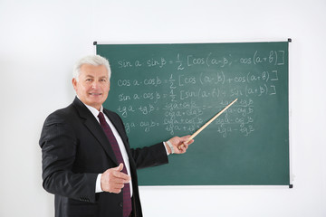 Senior teacher with pointer explaining lesson beside blackboard on white background