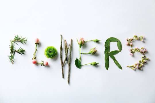 Word Flowers made of plants on white background