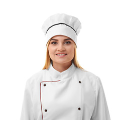 Portrait of young woman chef isolated on white background