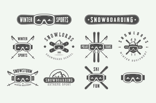 Set Of Vintage Snowboarding Or Winter Sports Logos, Badges