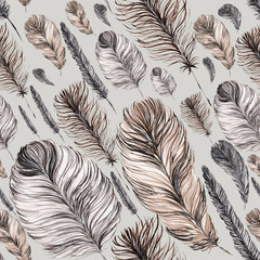 seamless pattern of feathers, hand-painted watercolor. Grey and