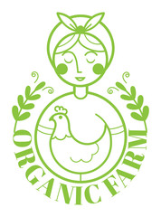 Farm logotype with woman and chicken. Vector illustration