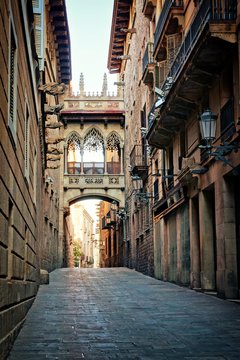 Historic covered bridge in the Gothic Quarter of old Barcelona, Spain