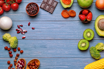 Healthy food on gray wooden background