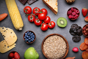 Healthy food on gray background
