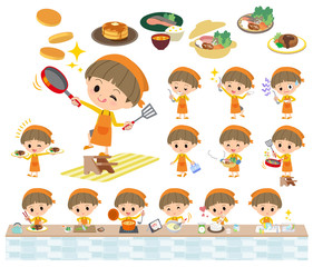 Yellow clothes Bobbed boy cooking
