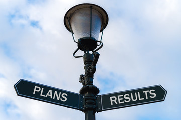 Plans versus Results directional signs on guidepost