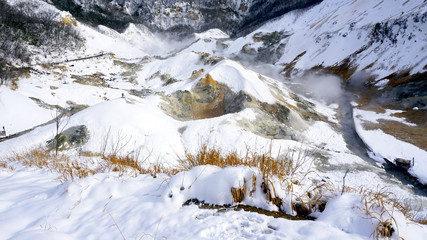 Closeup Noboribetsu onsen snow mountain hell valley