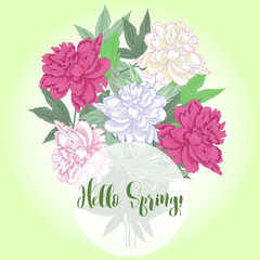 Bouquet with two pink and white peonies.Spring 