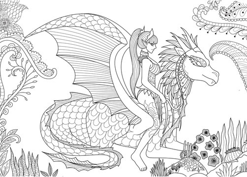 sexy queen riding a dragon zendoodle design for adult coloring book pages