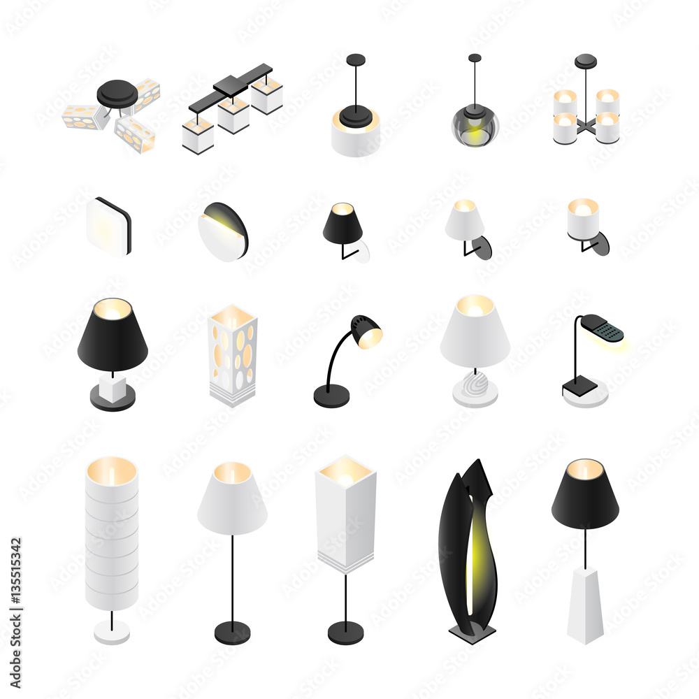 Wall mural a set of lamps. 3d lamp isolated on white background. isometric lamps, floor, ceiling, wall lights.