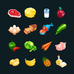 Everyday food products. Icons of vegetables, fruits and meat isolated on a dark background.