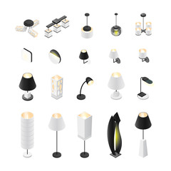 A set of lamps. 3D lamp isolated on white background. Isometric lamps, floor, ceiling, wall lights.