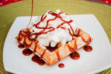 Belgian waffle with caramel and toping