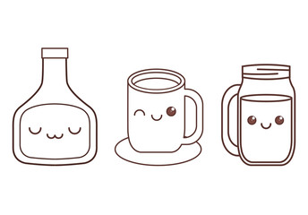 sauce bottle cup and glass kawaii icon image black line  vector illustration design 