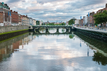 Overlooking Dublin's River Liffey from Millenium bridge at sunse