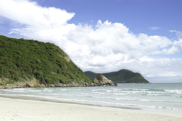 Fototapeta na wymiar the green big mountain with sea sand sun and the beach on sunshi
