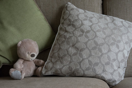 small stuffed bear on a couch, complimentary palette, interior d