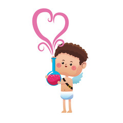 baby cupid holding a potion of love with heart icon over white background. colorful design. vector illustration